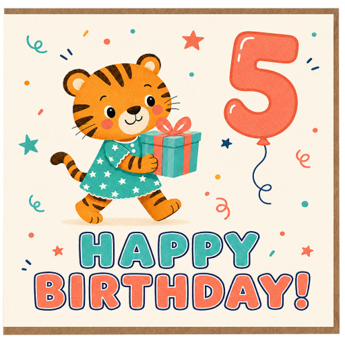 5th Birthday Card, Cute Tiger Holding Gift with Number 5 Balloon