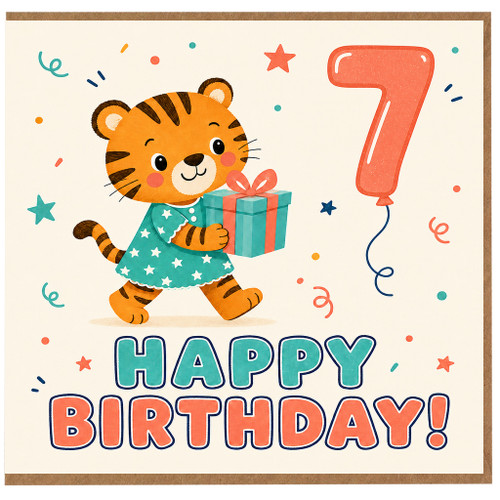 7th Birthday Card, Cute Tiger Happy Birthday Card