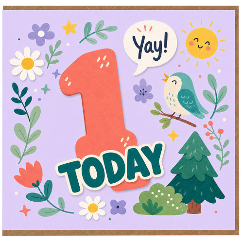 1st Birthday Card, Today Yay Cute Bird and Nature Design