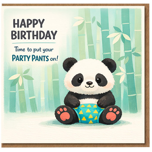 Funny Panda Birthday Card - Party Pants Pun with Cute Bamboo Background - Adorable Panda Illustration - For Kids, Friends or Anyone