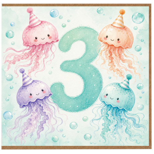 3rd Birthday Card, Cute Jellyfish Party Design