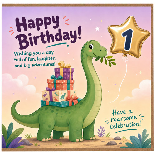 1st Birthday Card, Dinosaur Happy Birthday Card for 1 Year Old