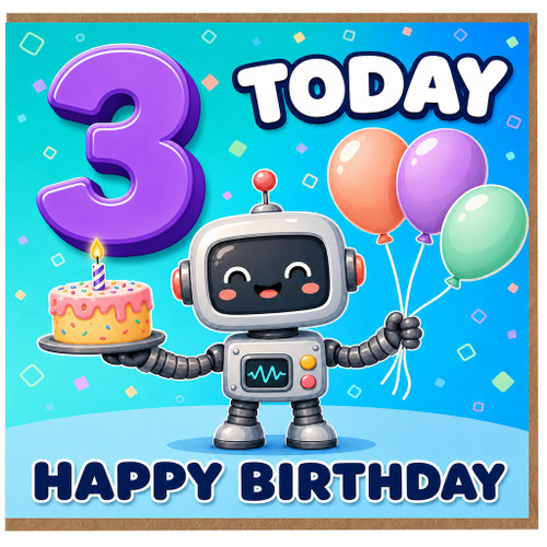 3rd Birthday Card, Happy Birthday Robot and Balloons Design
