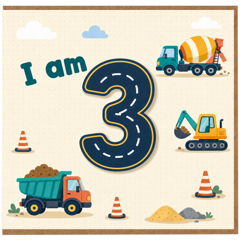 3rd Birthday Card, I Am 3 Construction Vehicle Card
