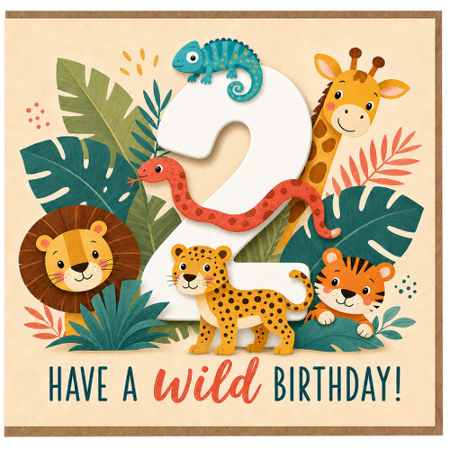 2nd Birthday Card, Wild Animal Jungle Birthday Card