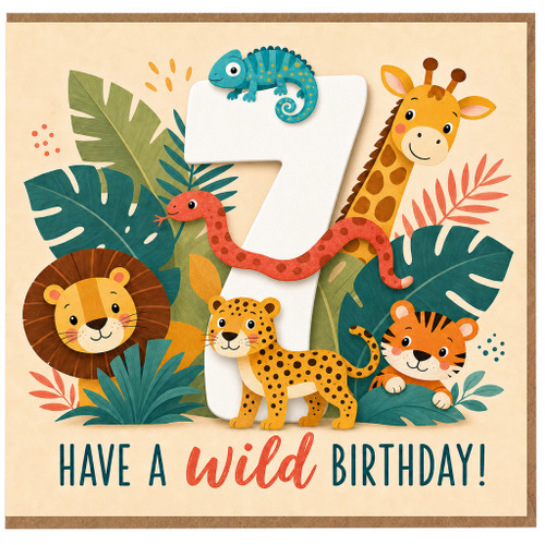 7th Birthday Card, Wild Birthday Jungle Animals Card