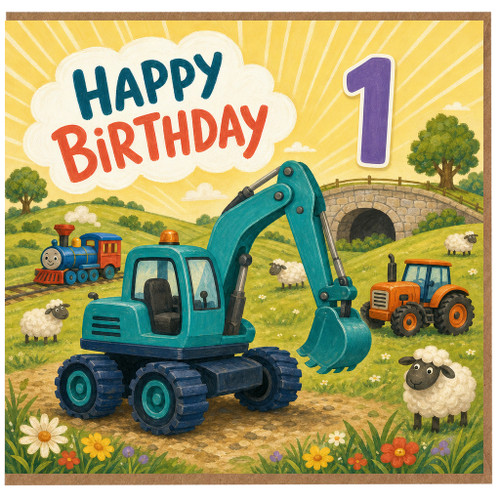 1st Birthday Card, Farm Animals and Vehicles Design