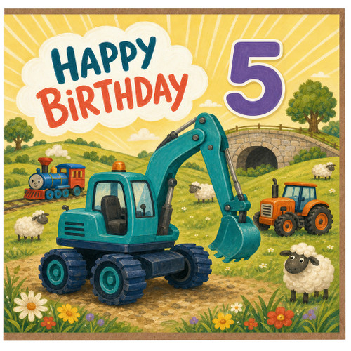 5th Birthday Card, Farm Tractor and Digger Happy Birthday Card