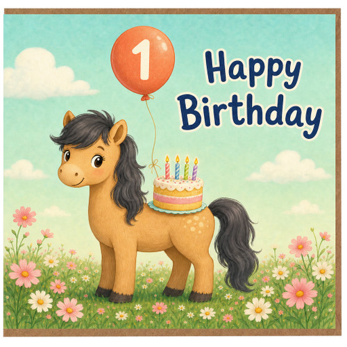1st Birthday Card, Cute Pony with Cake and Balloon