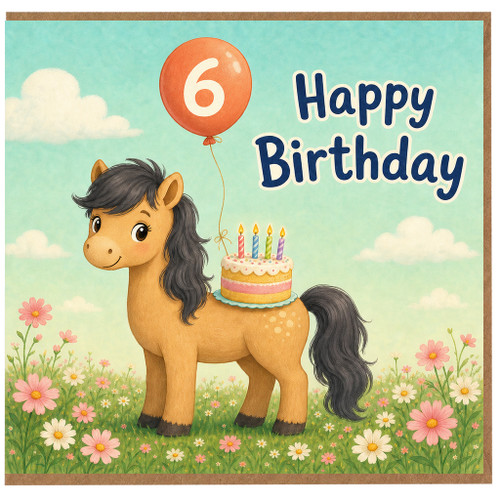 6th Birthday Card, Cute Pony and Cake Happy Birthday Card