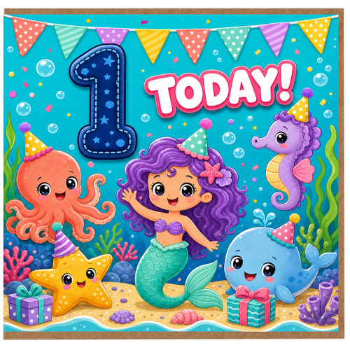1st Birthday Card, Mermaid and Sea Creatures 1 Today Birthday Card