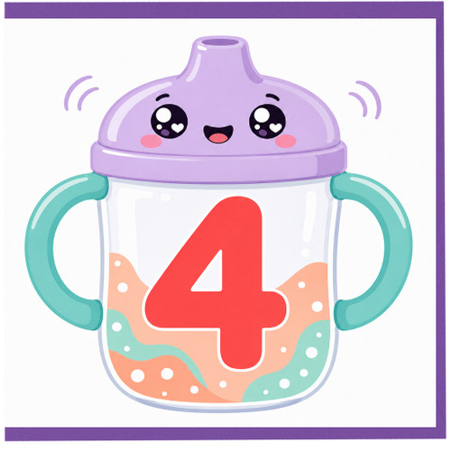4th Birthday Card, Cute Baby Sippy Cup Number 4 Design
