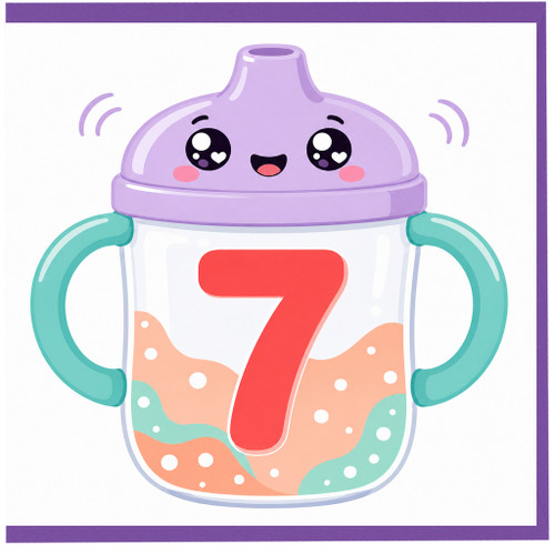 7th Birthday Card, Cute Cartoon Baby Bottle Design