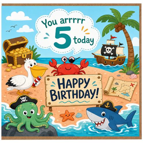 5th Birthday Card, Pirate Theme Happy Birthday Card for Age 5