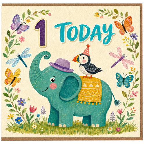 1st Birthday Card, Cute Elephant and Puffin First Birthday Card