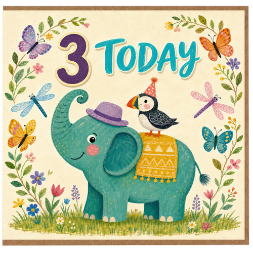 3rd Birthday Card, 3 Today Cute Elephant and Butterflies Birthday Card