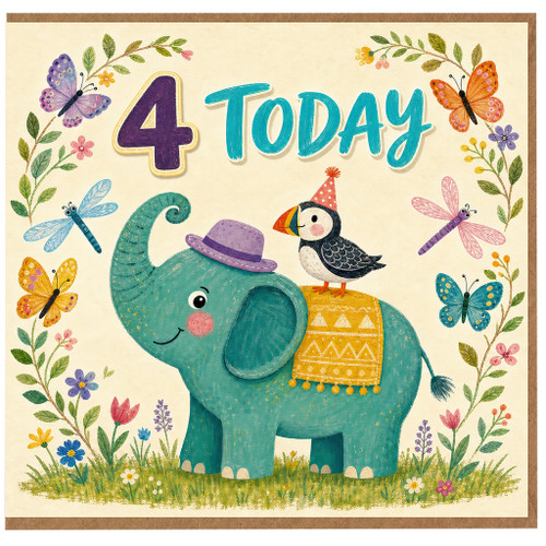 4th Birthday Card, Cute Elephant and Puffin 4 Today Card
