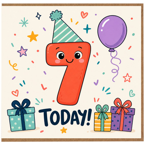 7th Birthday Card, Cute Kids Birthday Card for 7 Year Old