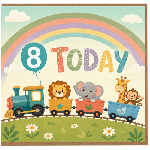 8th Birthday Card, Kids Rainbow Train Animal Birthday Card