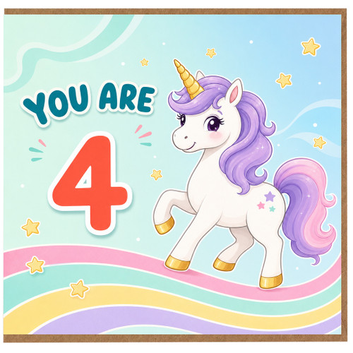 4th Birthday Card, Cute Unicorn You Are 4 Card