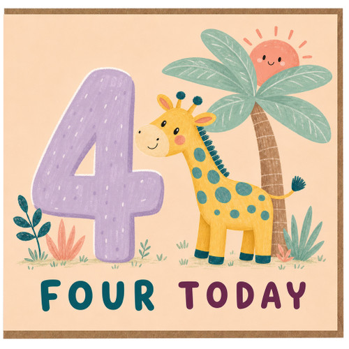 4th Birthday Card, Four Today Giraffe Jungle Card