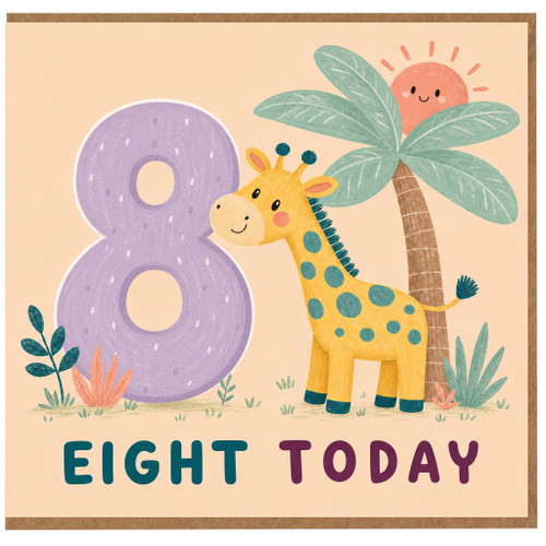8th Birthday Card, Cute Giraffe Safari Theme