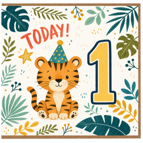 1st Birthday Card, Tiger Party Design