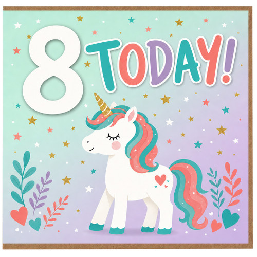 8th Birthday Card, Cute Unicorn Birthday Card