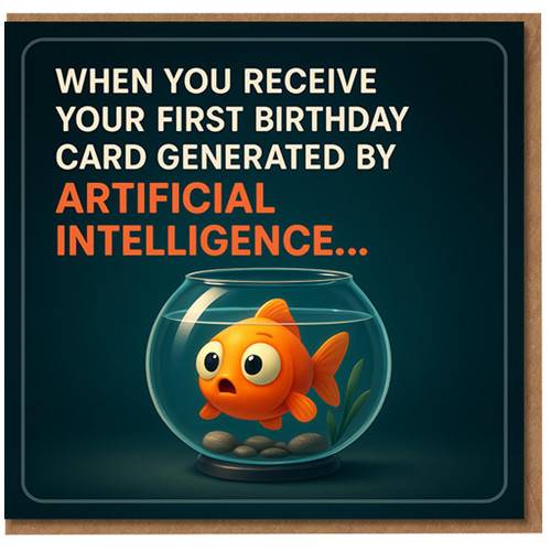 Funny AI Birthday Card - Surprised Goldfish in Bowl - Artificial Intelligence Joke Humour - Tech Geek Birthday Greeting for Him Her Friends Colleagues