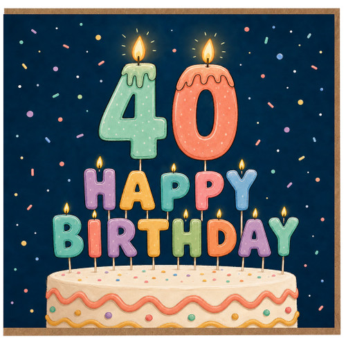40th Birthday Card, Colourful Cake Candle Design Happy Birthday Card