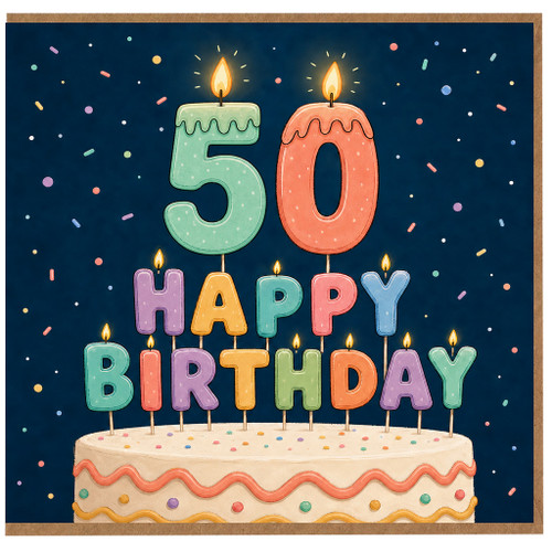 50th Birthday Card, Happy Birthday Cake Candle Design