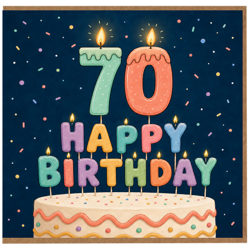 70th Birthday Card, Happy Birthday Card for 70 Year Old, Colourful Candle Cake Design