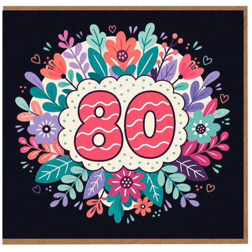 80th Birthday Card, Floral Wreath Design