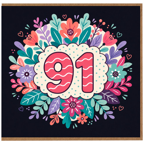 91st Birthday Card, Floral Number 91 Birthday Card