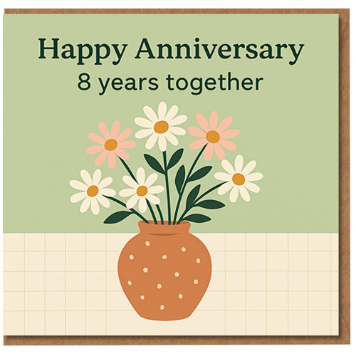 Happy Anniversary Card - 8 Years Together - Floral Daisies Vase Design - 8th Anniversary Card for Couple, Husband or Wife - Romantic Greeting