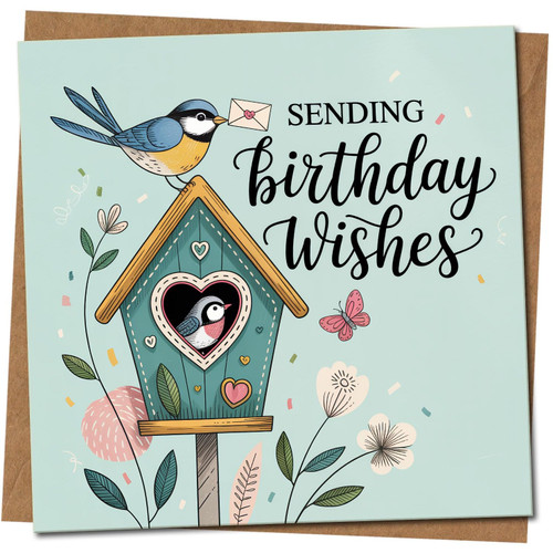 Sending Birthday Wishes Birdhouse Card, Cute Birds & Flowers Design, 145mm x 145mm Square, Includes Kraft Envelope