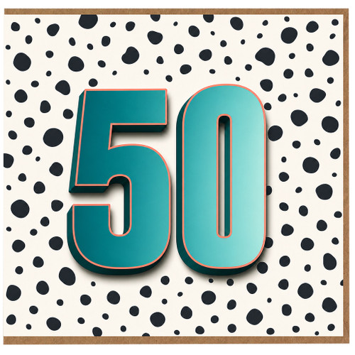 50th Birthday Card, Bold Teal Number 50 Polka Dot Design