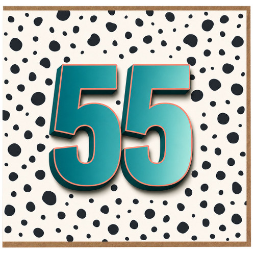 55th Birthday Card, Bold Teal Number 55 Spotty Design