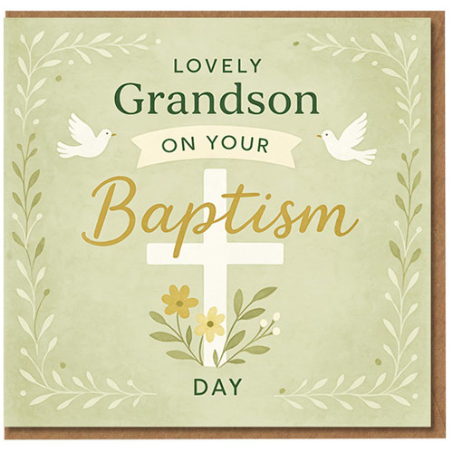 Grandson Baptism Card - Lovely Grandson On Your Baptism Day - Cross and Doves Christian Christening Greeting Card with Envelope