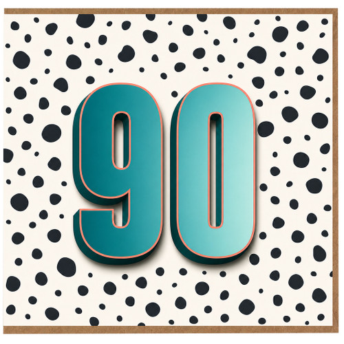 90th Birthday Card, Bold Teal Number 90 Polka Dot Design