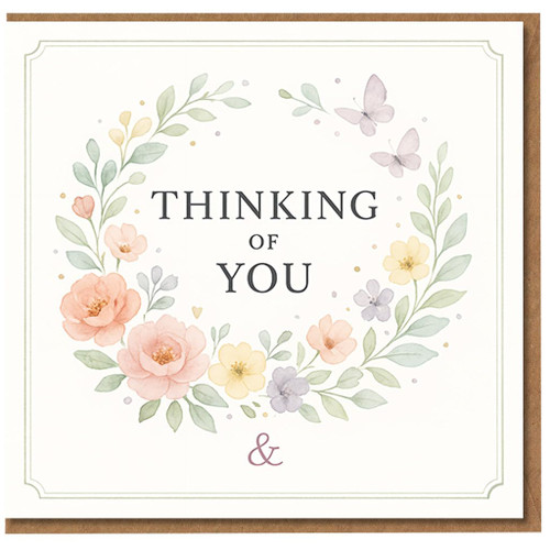 Thinking of You Card - Elegant Floral Wreath with Butterflies, Sympathy and Support Greeting Card for Friend, Family or Colleague