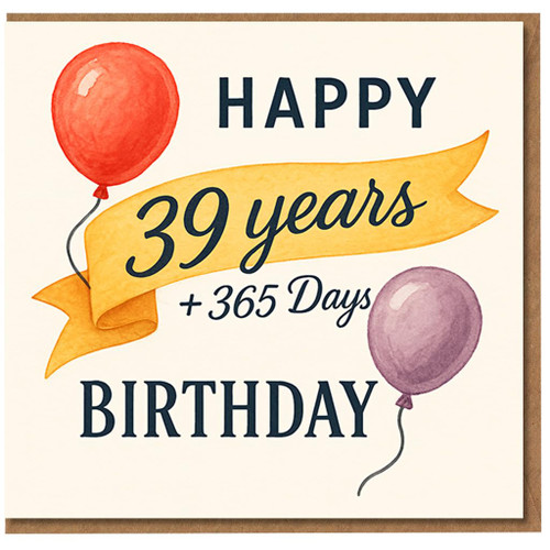 Funny 40th Birthday Card - 39 Years + 365 Days - Balloon Design - Humorous Milestone Greeting Card for Him or Her