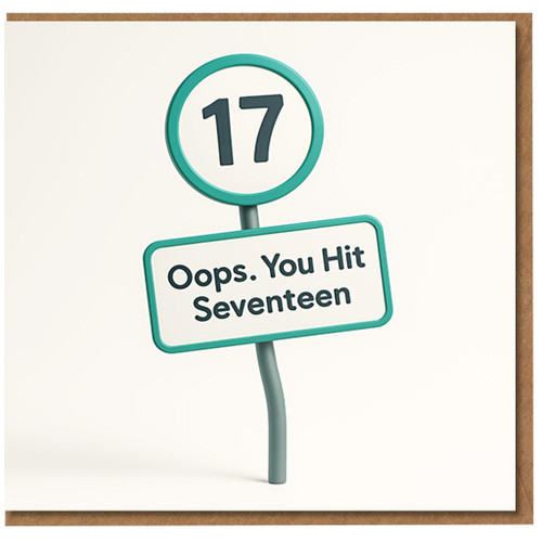 Funny 17th Birthday Card - Oops You Hit Seventeen Road Sign Design - Humorous Teenage Birthday Card for 17 Year Old