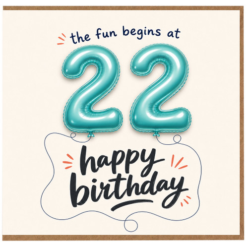 22nd Birthday Card, Happy Birthday 22 Card, The Fun Begins At Birthday Card