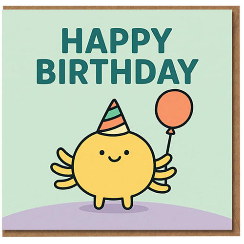 Happy Birthday Card - Cute Cartoon Party Character with Balloon and Hat - Fun Kids Birthday Greeting Card - Kawaii Design