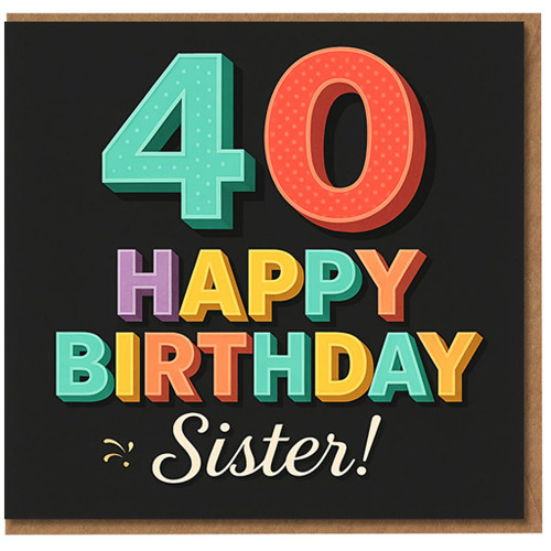 Sister 40th Birthday Card - Colourful Bold Typography - Happy 40 Birthday Sister - Milestone Greeting Card