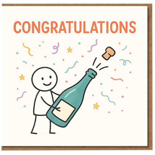 Congratulations Card - Champagne Pop Cartoon Celebration - Cute Stick Figure Greeting Card for Friends, Family or Colleagues - Blank Inside