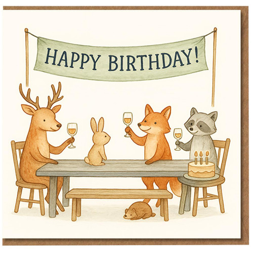 Woodland Animals Birthday Card - Cute Deer, Fox, Raccoon and Rabbit Party with Cake - Happy Birthday Banner - Blank Inside Greeting Card for Kids or Adults