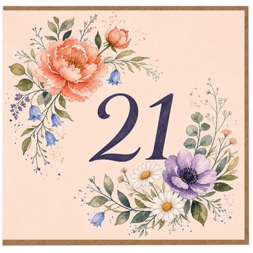 21st Birthday Card, Floral Wreath Number 21 Card