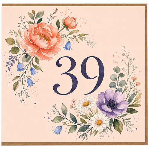 39th Birthday Card, Floral Watercolour Age 39 Card